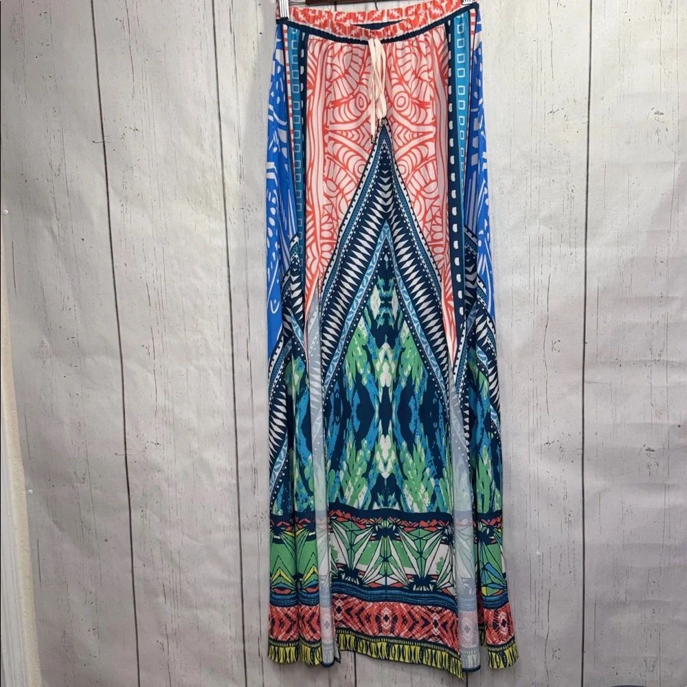 Jealous Tomato Blue Boho Maxi Skirt Front Slit Tribal S Resortwear Festival Chic